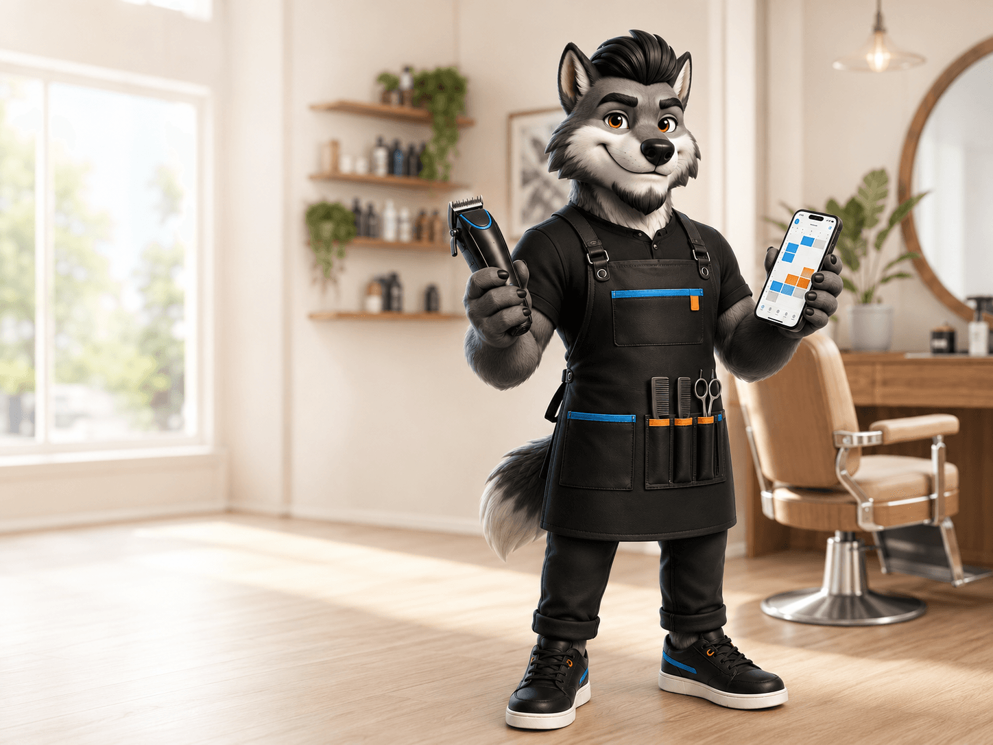 Mascote Barber Maxx, o lobo barbeiro, segurando uma máquina de corte e o app de agendamento